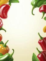 Colorful Peppers and Basil Arranged As Frame on Neutral Background photo