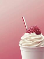 Creamy Raspberry Dessert with Straw on Pink Background Sweet Treat photo