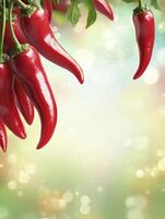 Vibrant Red Chili Peppers Hanging with Bokeh Background for Food Advertising photo