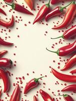 Red Chili Peppers Border with Seeds on Cream Background for Food Designs photo