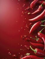 Red Chili Peppers with Seeds on Red Background for Culinary Design photo