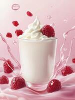 Refreshing Raspberry Smoothie with Swirl Cream and Splashing Liquid Delight photo