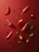 Arrangement of Red Chili Peppers with Basil and Black Peppercorns photo