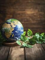 Earth Globe with Green Leaves on Wooden Tabletop Concept photo