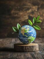 Earth Globe with Green Leaves on Wooden Stand Representing Environmental Growth photo