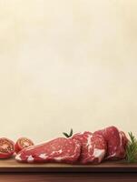 Fresh Raw Beef Steaks with Tomato Halves and Rosemary on Wood photo
