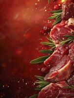 Raw Beef Steaks Bordered with Rosemary and Cranberries on Red Background photo
