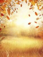 Falling Autumn Leaves Background in Warm Golden Light with Field photo