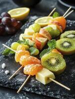 Arranging Fruit Skewers with Kiwi, Orange and Grapes on Slate Plate photo