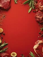 Raw Steak Meat Preparation with Fresh Herbs and Spices on Red photo