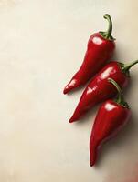 Three Shiny Red Chili Peppers on Neutral Background with Copy Space photo