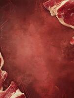 Raw Steak Border on Red Background Perfect for Menu Design photo