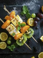 Fruit and Cheese Skewers on Slate Board Overhead View Close-up photo