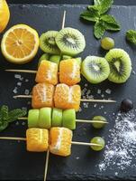 Arranging Fresh Fruit Skewers with Kiwi, Orange, Apple and Grapes photo