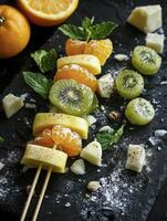 Arranging Fresh Fruit Skewers with Mint on Slate for Healthy Snacks photo
