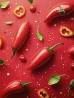 Red Chili Pepper Still Life with Basil on a Red Background photo