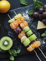 Arrangement of Colorful Fruit Skewers with Cheese and Mint on Slate photo