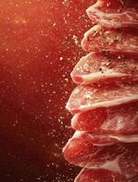 Stack of Pork Slices with Seasoning Against Red Background with Particles photo