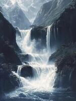 Majestic Waterfall Cascading Down Mountain Side with Lush Greenery photo