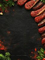 Preparing Raw Beef Steaks with Herbs and Spices on Dark Surface photo