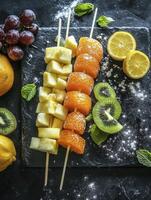 Arranged Fruit Skewers with Grapes, Kiwi, Lemon and Mint Leaves photo