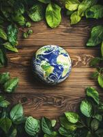 Earth Globe Surrounded by Fresh Green Leaves on Rustic Wood Surface photo