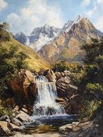 Waterfall Cascading Down Rocky Terrain with Snowcapped Mountain in Background photo