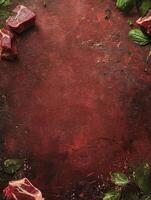 Raw Beef Steaks with Fresh Basil on a Rustic Textured Surface photo