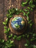 Earth Globe Surrounded by Greenery on Rustic Wood Background for Environment photo