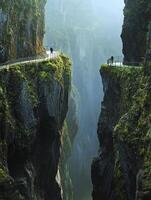 Walking on Cliffside Path with Foggy Canyon View for Travel Inspiration photo