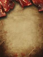 Fresh Raw Beef Meat on Rustic Parchment Paper Background with Copy Space photo