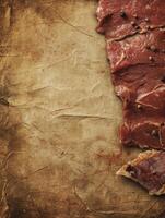 Fresh Raw Beef Steak with Black Pepper on Vintage Paper photo