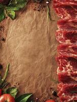 Fresh Beef Steaks on Brown Paper with Herbs and Spices photo