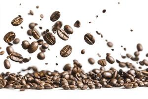 Roasted Coffee Beans Falling Onto Pile Against White Background Studio Shot photo