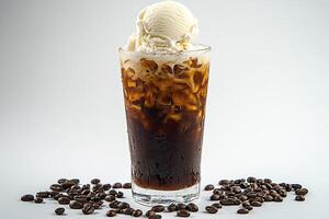 Iced Coffee with Vanilla Ice Cream and Coffee Beans Around Glass photo
