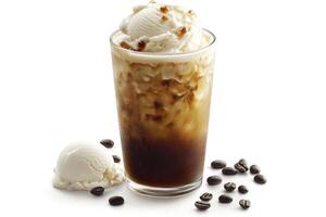 Iced Coffee with Ice Cream and Coffee Beans on White Background photo