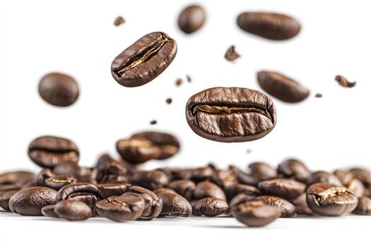 Falling Coffee Beans Freshly Roasted on a White Background for Design photo