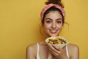 Smiling Woman Holding Taco with Fresh Ingredients on Yellow Backdrop photo