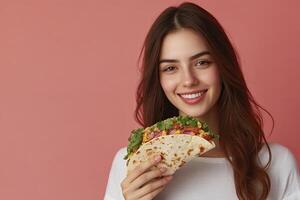 Smiling Woman Holding Taco Ready to Eat Against Plain Background photo