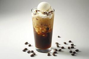 An iced coffee with ice cream and coffee beans photo