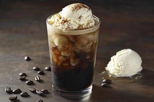Making Iced Coffee Drink with Vanilla Ice Cream and Coffee Beans photo