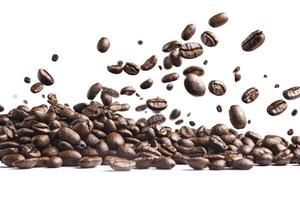 Roasted Coffee Beans Falling and Piled on White Background Product Shot photo
