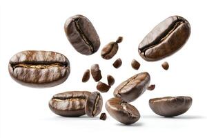 Roasted Coffee Beans Falling and Floating on White Background Studio Shot photo