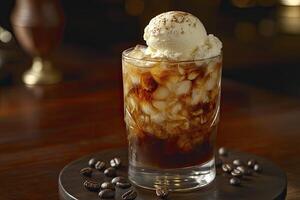Iced Coffee Drink with Ice Cream Topping Served with Coffee Beans photo