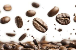 Coffee Beans Falling Fresh Aroma Isolated on White Background Still Life photo