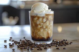 Iced Coffee with Ice Cream Scoop and Coffee Beans on Table photo