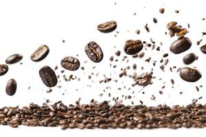 Roasted Coffee Beans Falling and Gathering Concept Isolated on White Background photo