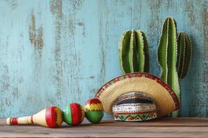 Mexican Themed Still Life Featuring Sombrero, Maracas and Cactus photo