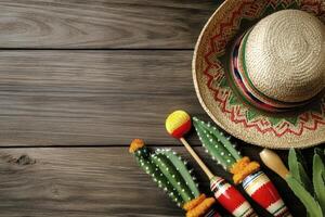 Festive Cinco De Mayo Flat Lay with Sombrero, Cactus and Maracas photo