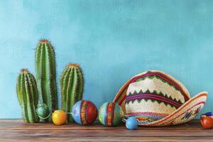 Mexican Celebration Still Life Cactus Sombrero and Maracas Festive Cultural Scene photo
